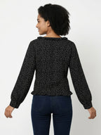 Women's Black Polka Dot Ruffled Long Sleeve Top