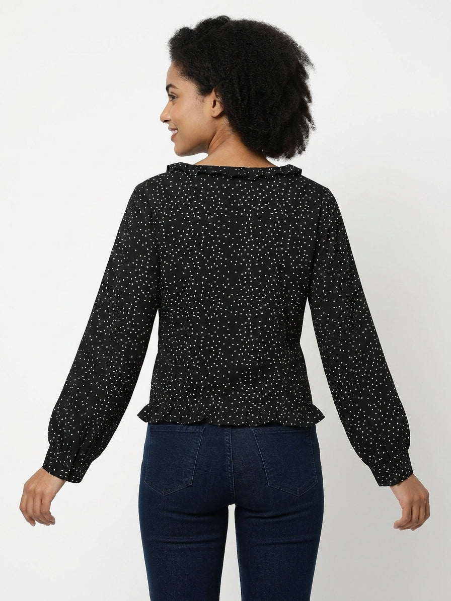 Women's Black Polka Dot Ruffled Long Sleeve Top
