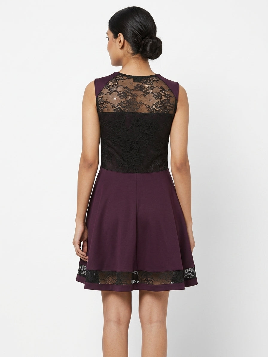 Burgundy Flared Dress with Black Lace Detail