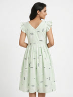 Light Green Floral Printed Flared Dress