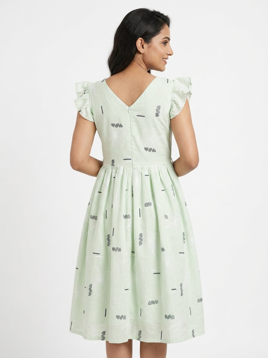 Light Green Floral Printed Flared Dress