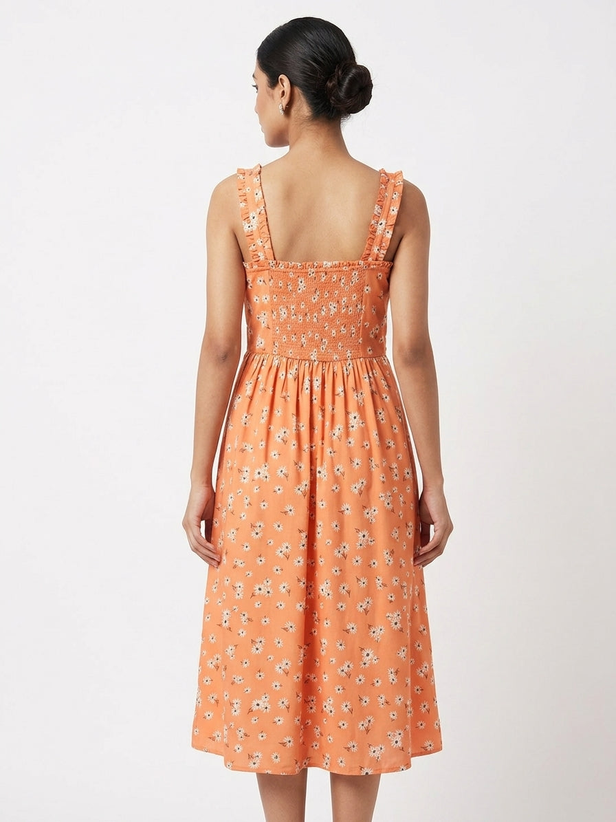 Orange Floral Print A-Line Casual Dress