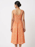 Orange Floral Print A-Line Casual Dress