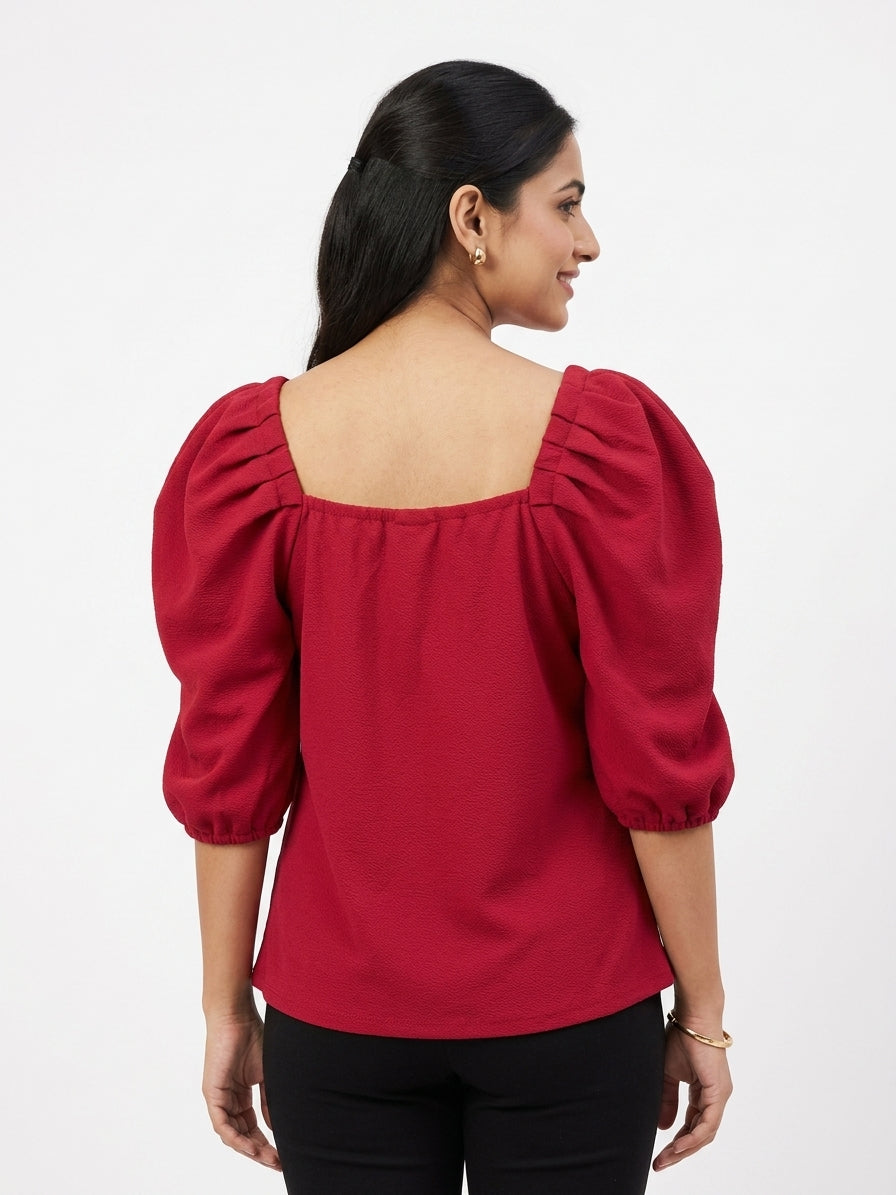 Women's Red Solid Puff Sleeve Top