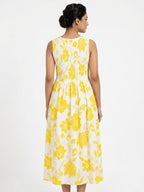 Yellow Floral Print Sleeveless A-Line Dress