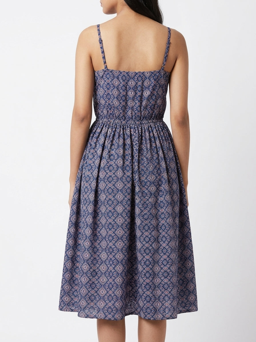 Navy Blue Printed Flared Casual Dress