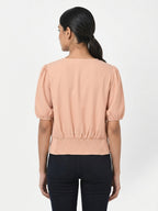 Women's Peach Solid Regular Fit Puff Sleeve Top