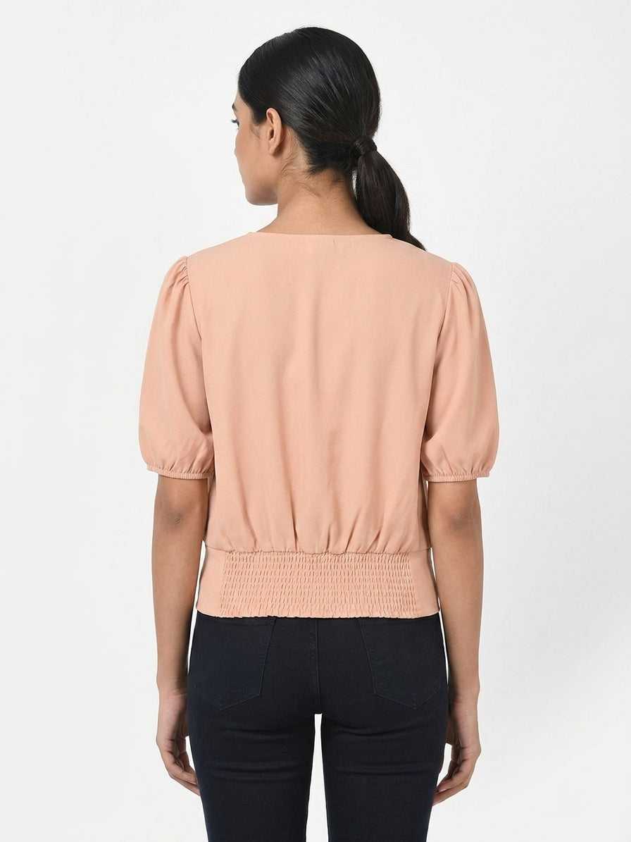 Women's Peach Solid Regular Fit Puff Sleeve Top