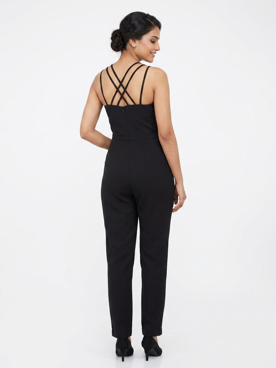 Women's Black Strappy Solid Jumpsuit