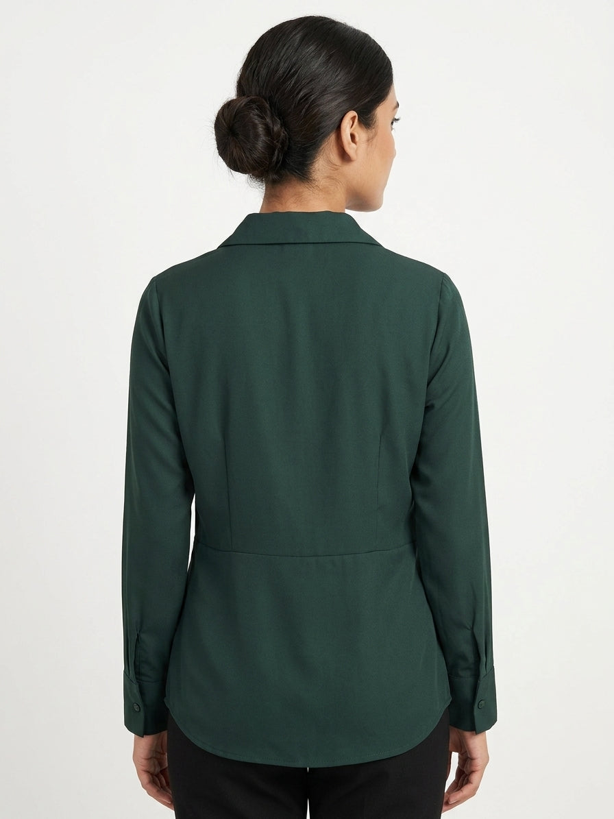 Dark Green Solid V-Neck Casual Top