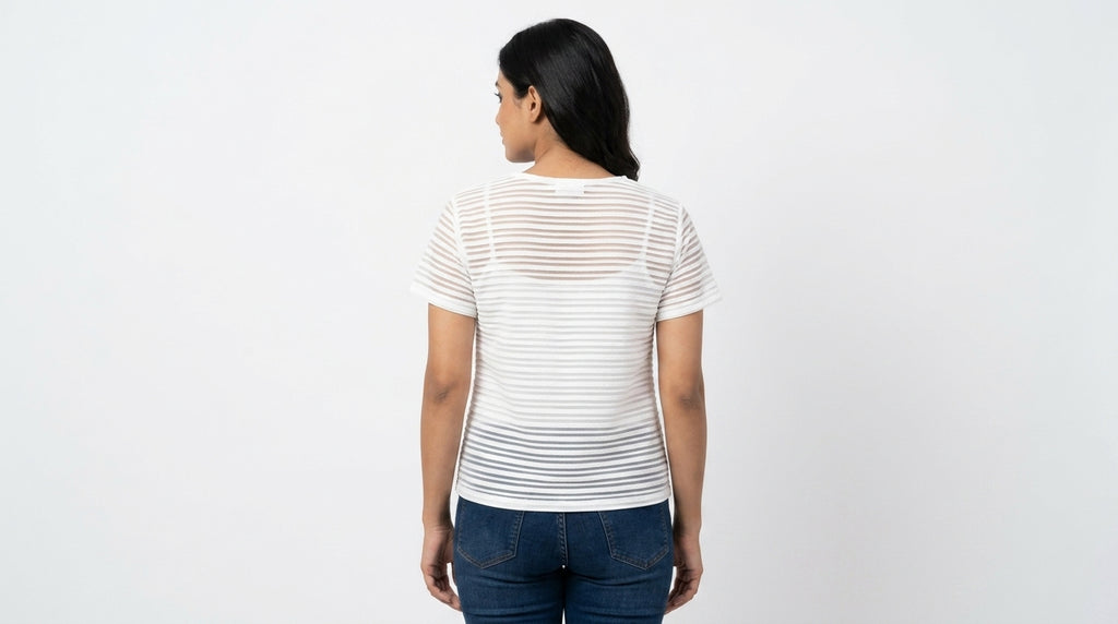 Women's White Textured Round Neck Short Sleeve Top
