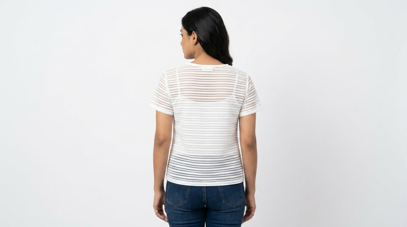 Women's White Textured Round Neck Short Sleeve Top