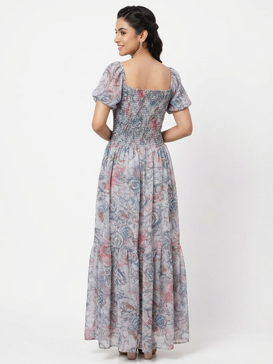 Multi Printed Smocked Flared Maxi Dress