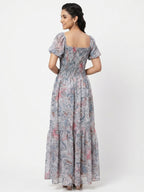 Multi Printed Smocked Flared Maxi Dress