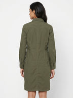 Olive Green Collared Cotton Shirt Dress