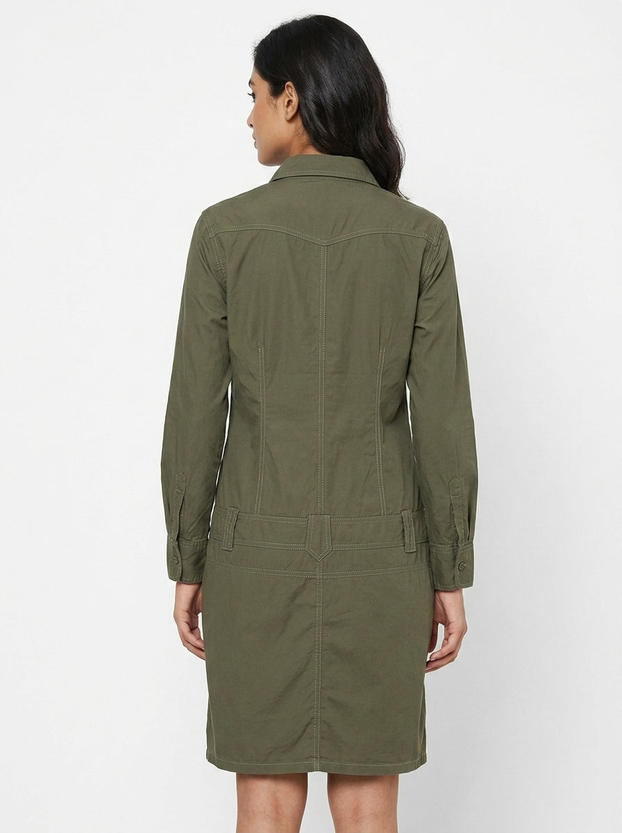 Olive Green Collared Cotton Shirt Dress