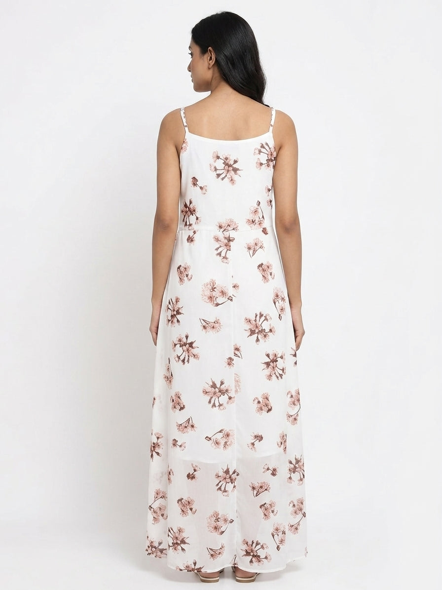 White Floral Print A-line Dress