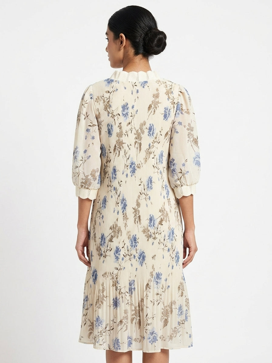 Cream Floral Printed Flared Dress
