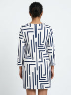 White & Navy Blue Abstract Print Regular Fit Dress
