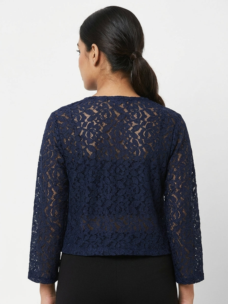 Women's Navy Blue Self Design Lace Zipper Shrug
