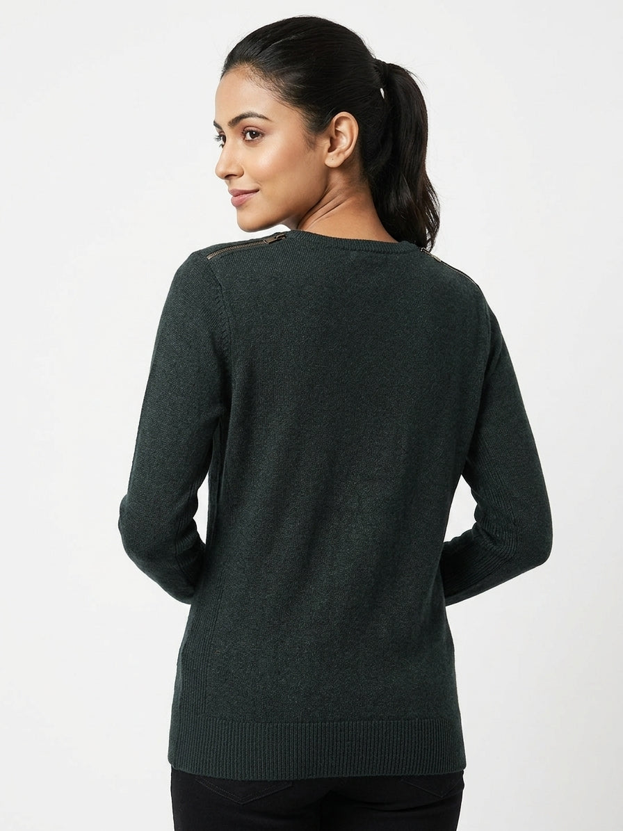Max Dark Green Knit Sweater with Shoulder Zippers