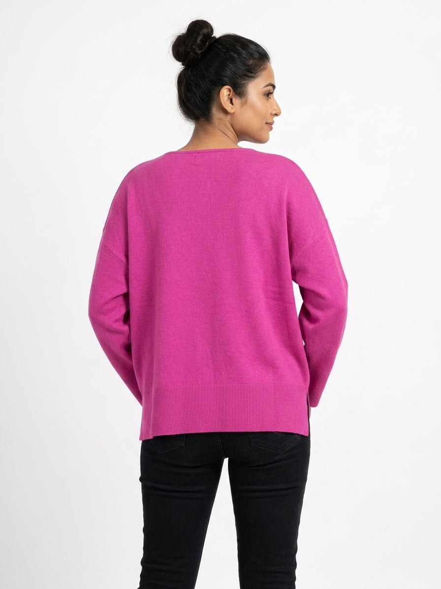 Magenta Solid Oversized Fit V-Neck Sweater