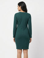 Dark Green Textured Slim Fit Wrap Dress