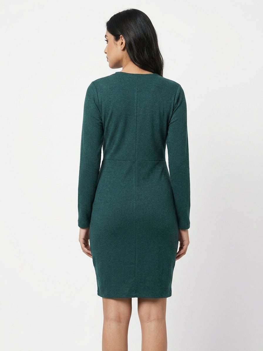 Dark Green Textured Slim Fit Wrap Dress