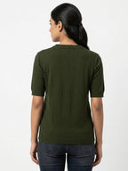 Women's Dark Green Solid Knit Short Sleeve Top