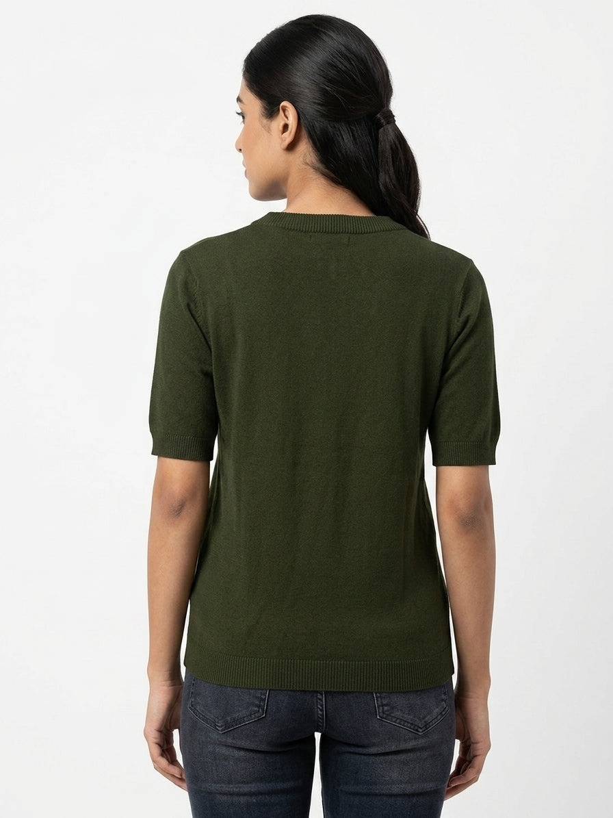 Women's Dark Green Solid Knit Short Sleeve Top