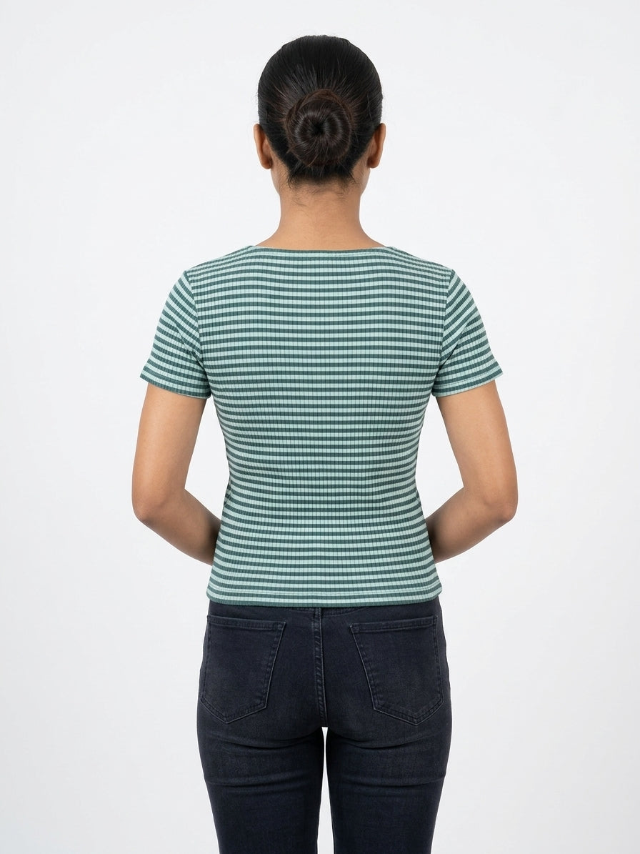 Women's Sea Green Striped Ribbed Square Neck Top