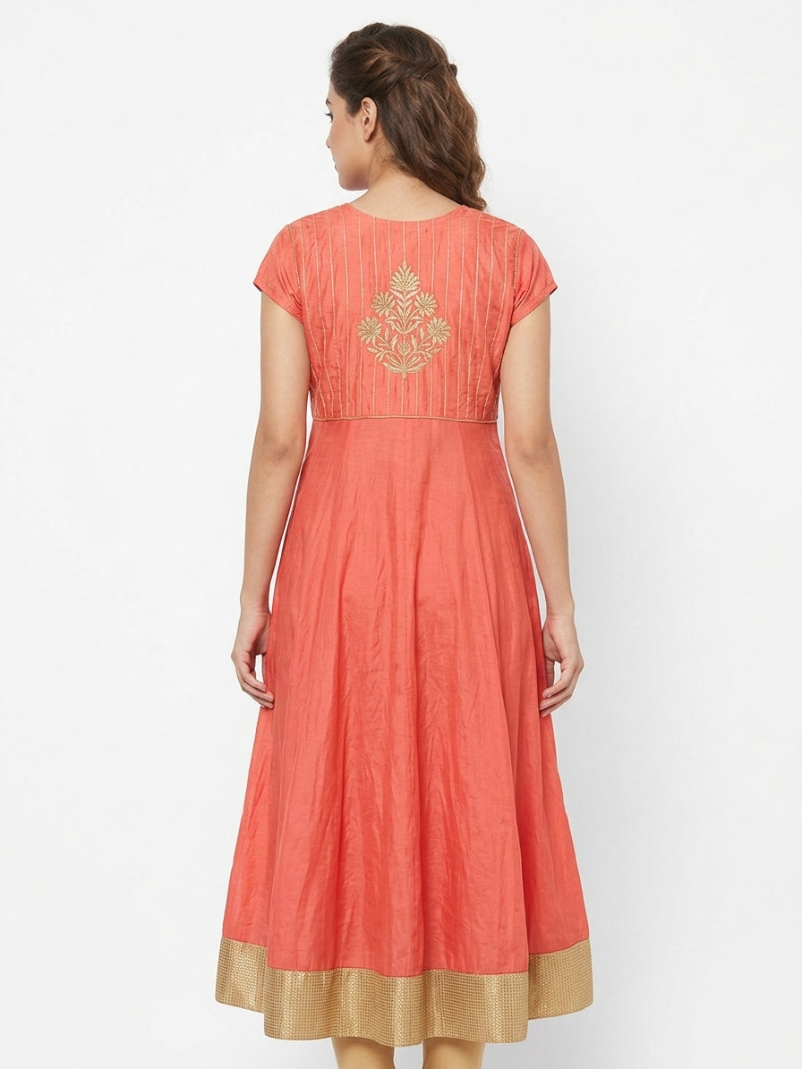 Coral Floral Embellished Flared Kurti