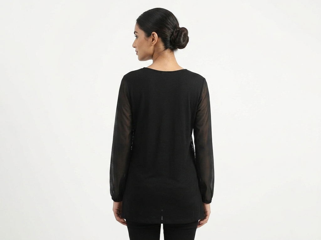 Black Embellished V-Neck Long Sleeve Party Top