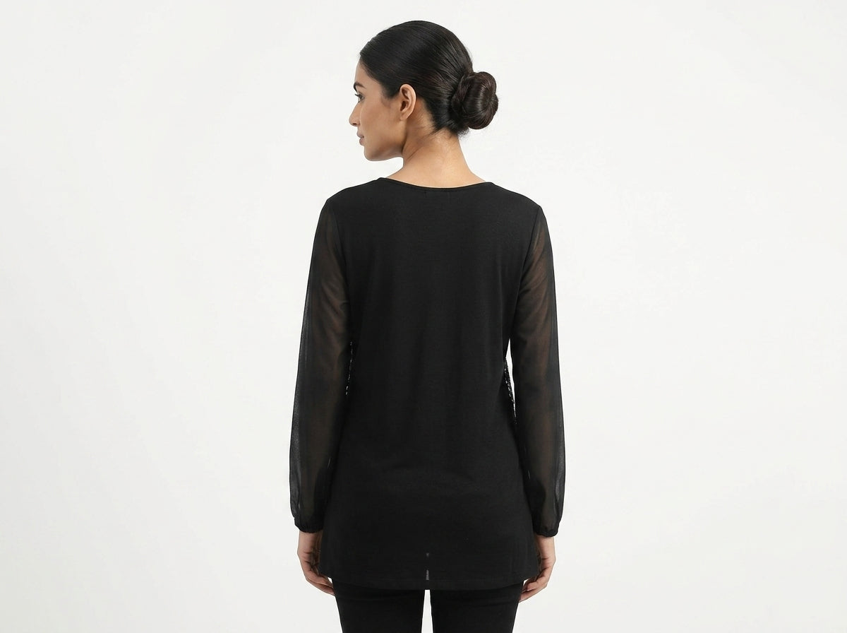 Black Embellished V-Neck Long Sleeve Party Top