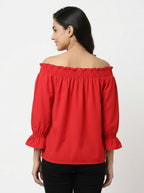 Women's Red Solid Off-Shoulder Shirred Top
