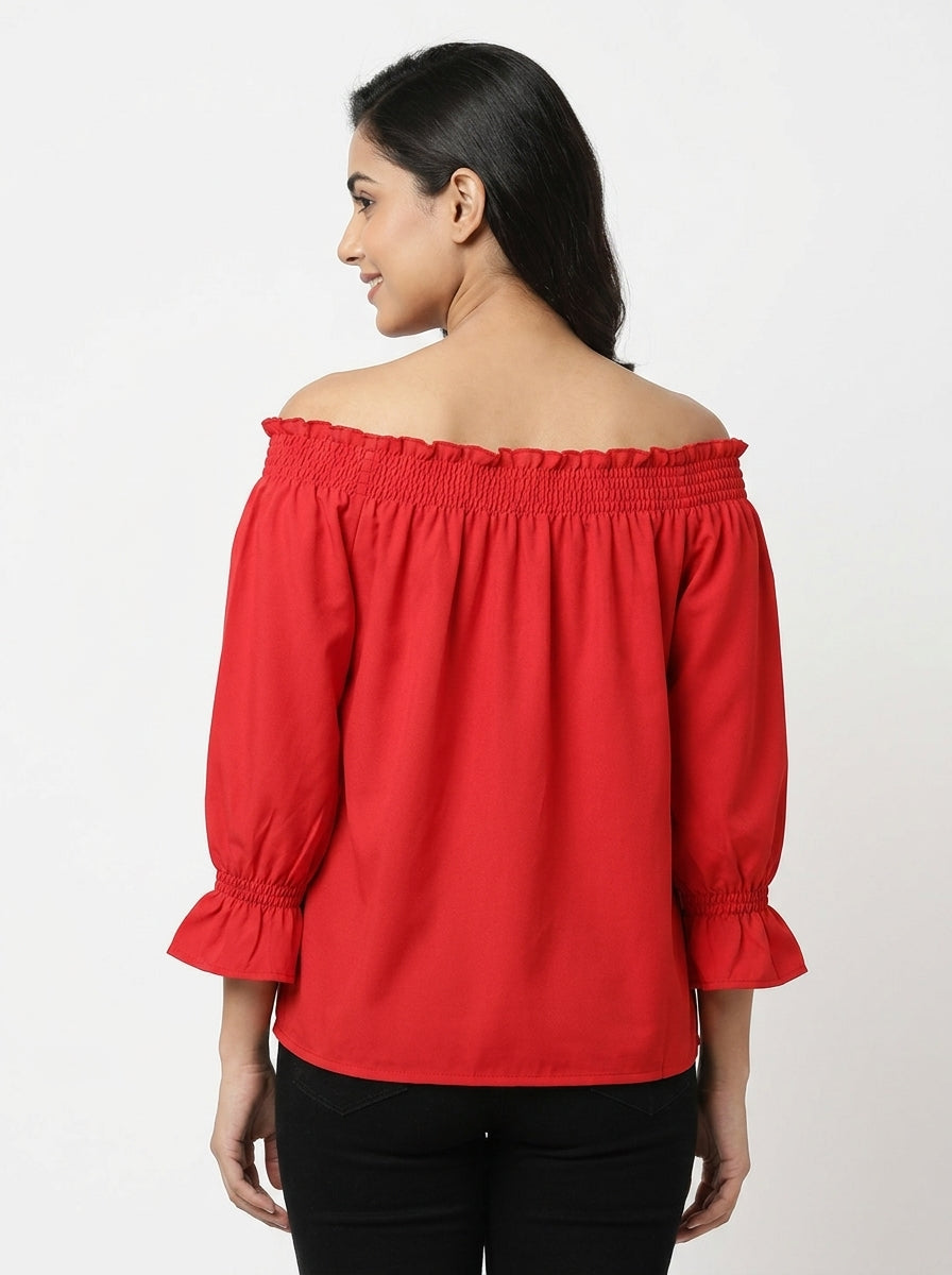 Women's Red Solid Off-Shoulder Shirred Top