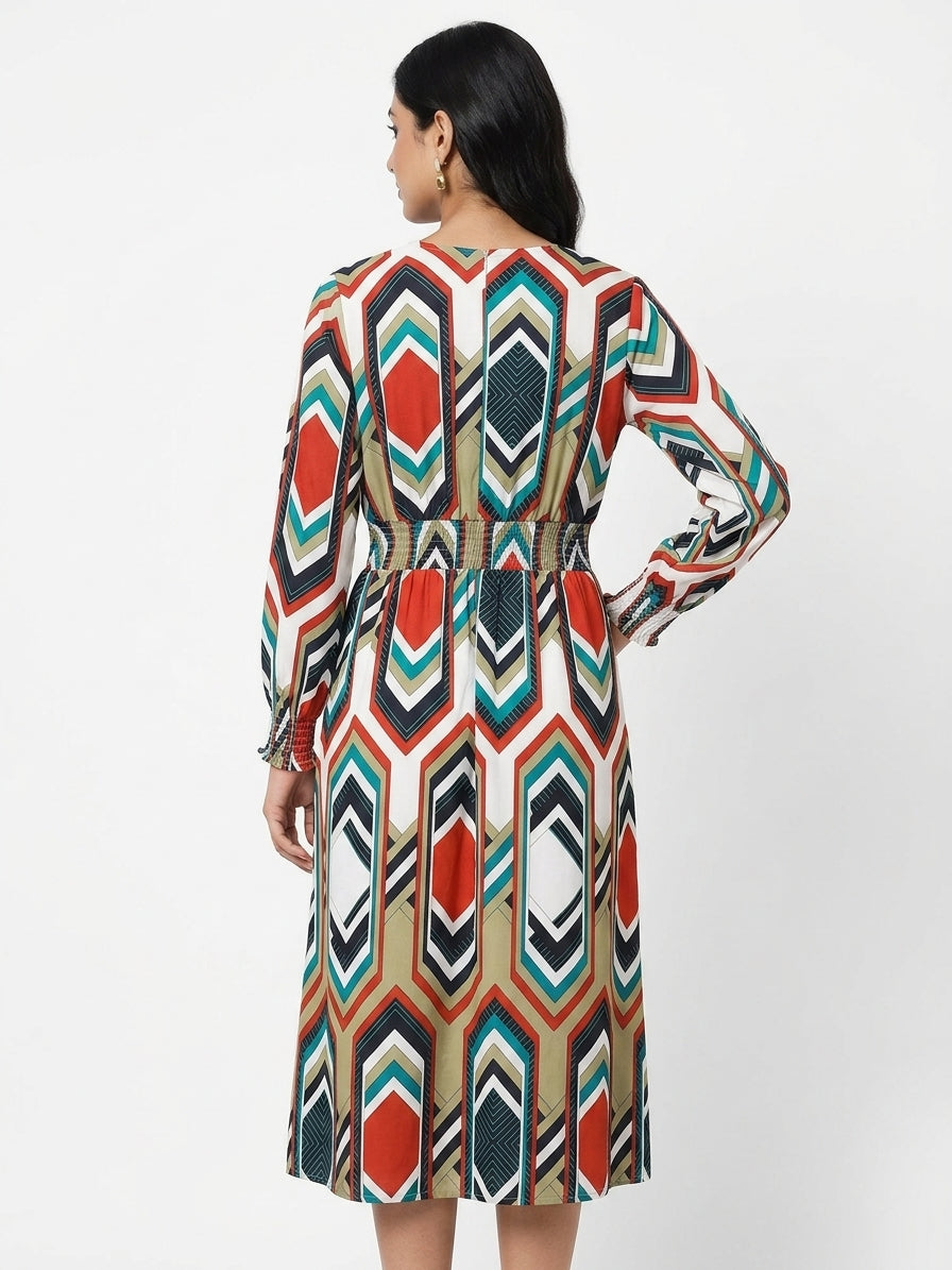 Multi-Color Geometric Print Long Sleeve Dress