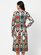Multi-Color Geometric Print Long Sleeve Dress