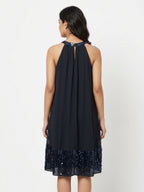 Women's Navy Blue Embellished Halter Neck A-Line Dress