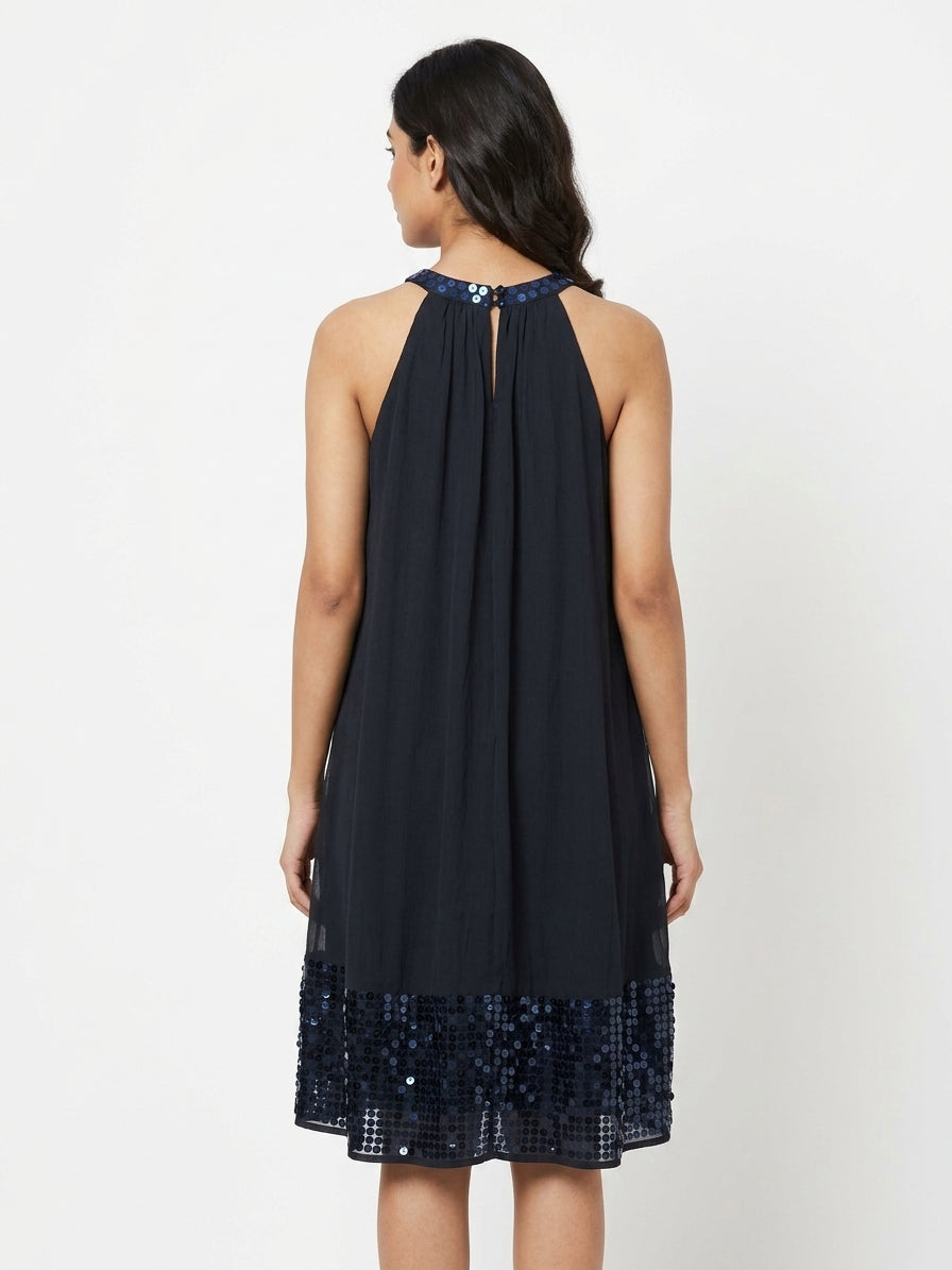 Women's Navy Blue Embellished Halter Neck A-Line Dress