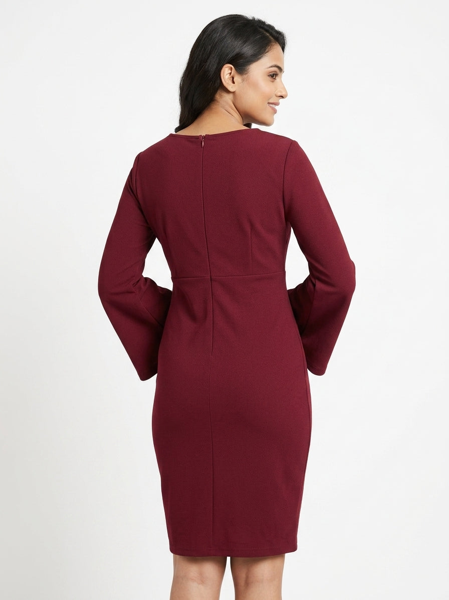 Maroon V-Neck Flared Sleeve Bodycon Dress