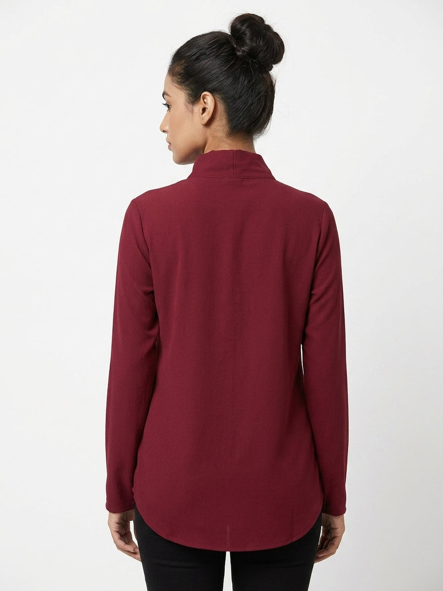 Women's Wine Solid Regular Fit Long Sleeve Top