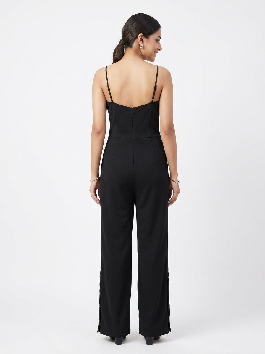 Black Solid Jumpsuit with Button Detail