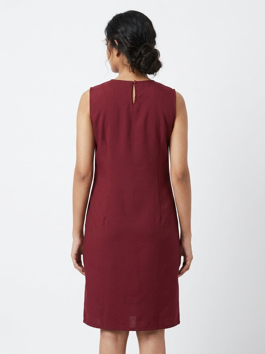 Maroon Embellished Sleeveless Straight Dress