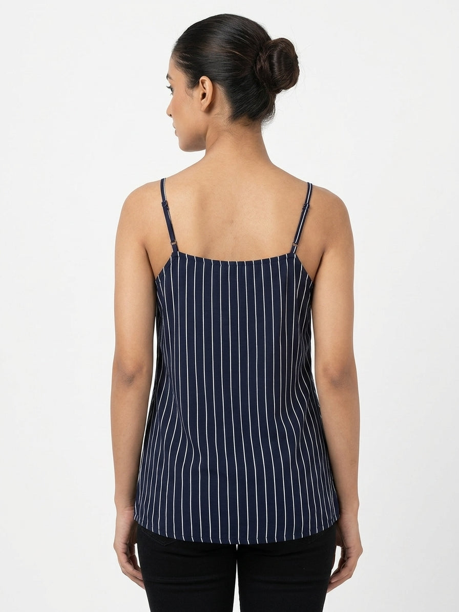Navy Blue Striped Sleeveless Midi Dress