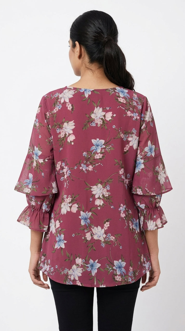 Wine Floral Printed Ruffled Sleeve Top