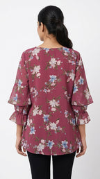 Wine Floral Printed Ruffled Sleeve Top