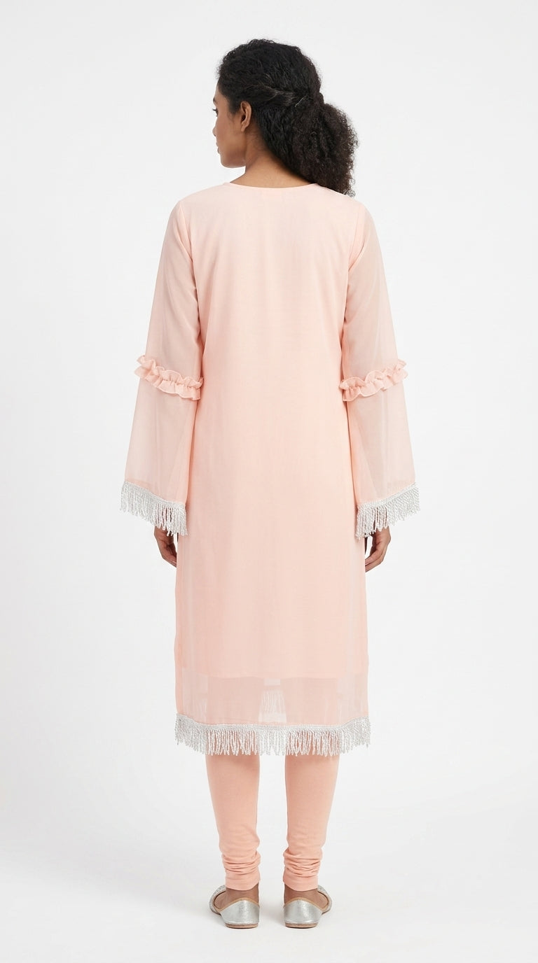 Embellished Peach Kurti with Fringe Detailing