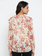 Off White Floral Print Ruffled V-Neck Blouse