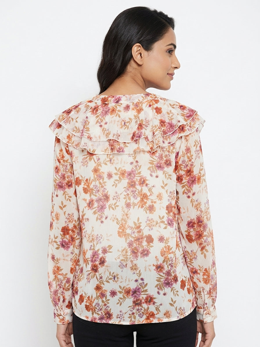 Off White Floral Print Ruffled V-Neck Blouse